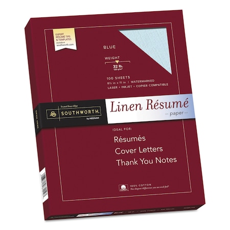 Southworth Paper, Resume Linen, Blue, PK100 RD18BCFLN